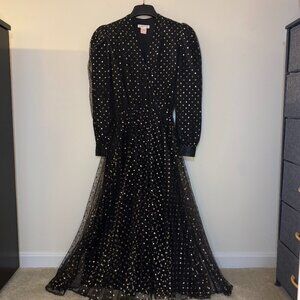 Halston III Vintage 80s Black & Gold Polka Dot Evening Dress Size 4